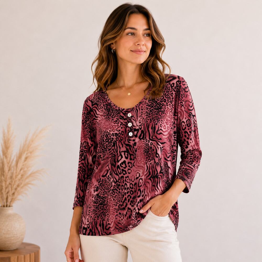 Susan Graver Liquid Knit Blouse Women's Size M Lace Neckline Pink Animal Print